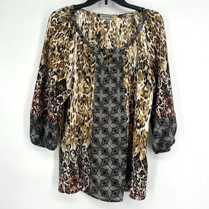 Figueroa & Flower Leopard Print Boho Top Mixed Pattern Studded Balloon Sleeve L